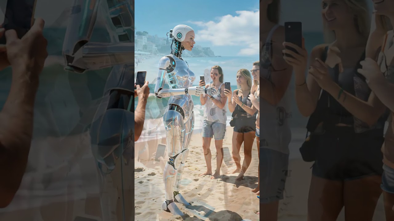 A beautiful robot was spotted on the beach, attracting numerous people to take pictures with it.